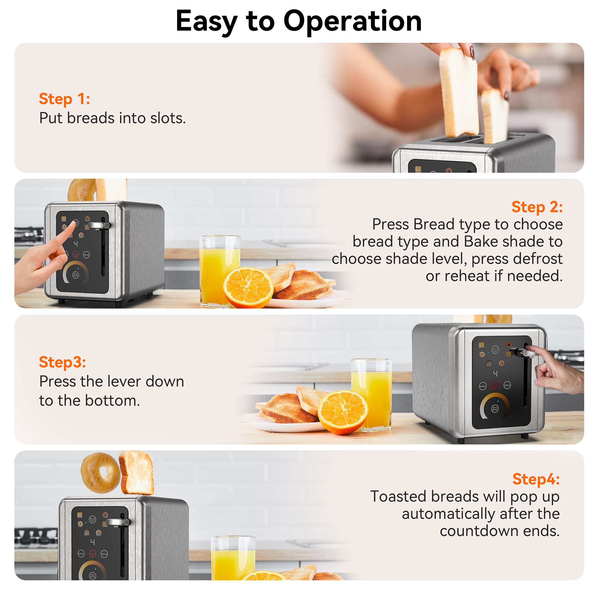 WHALL 2 Slice Touchscreen Toasters with Wide Slots, Bagel, Defrost,Reheat, Stainless Steel
