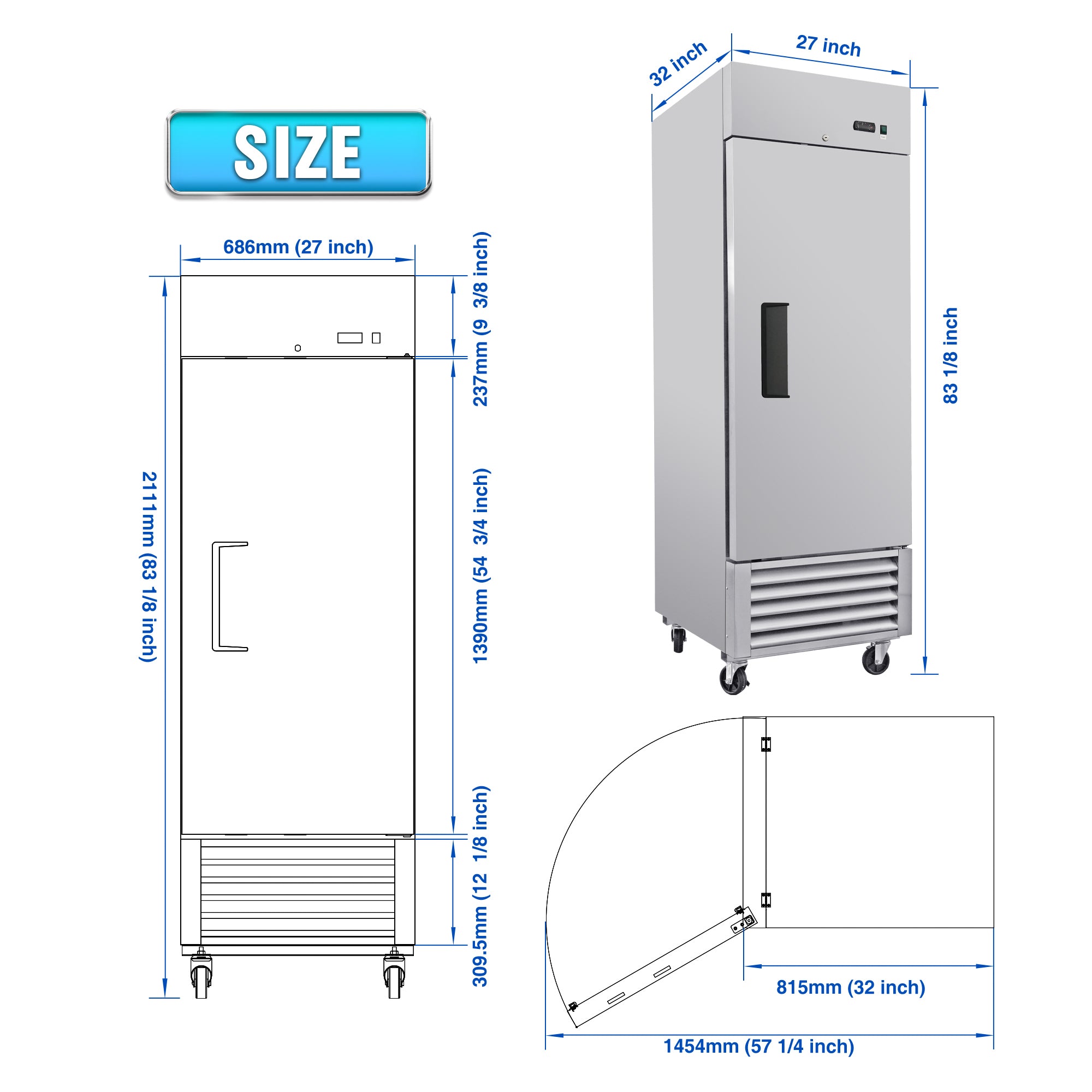WHALL 27" Commercial Refrigerator 23 Cu.ft with 1 Solid Door Reach-In Refrigerators Stainless Steel ETL Approved Upright Fridge Storage
