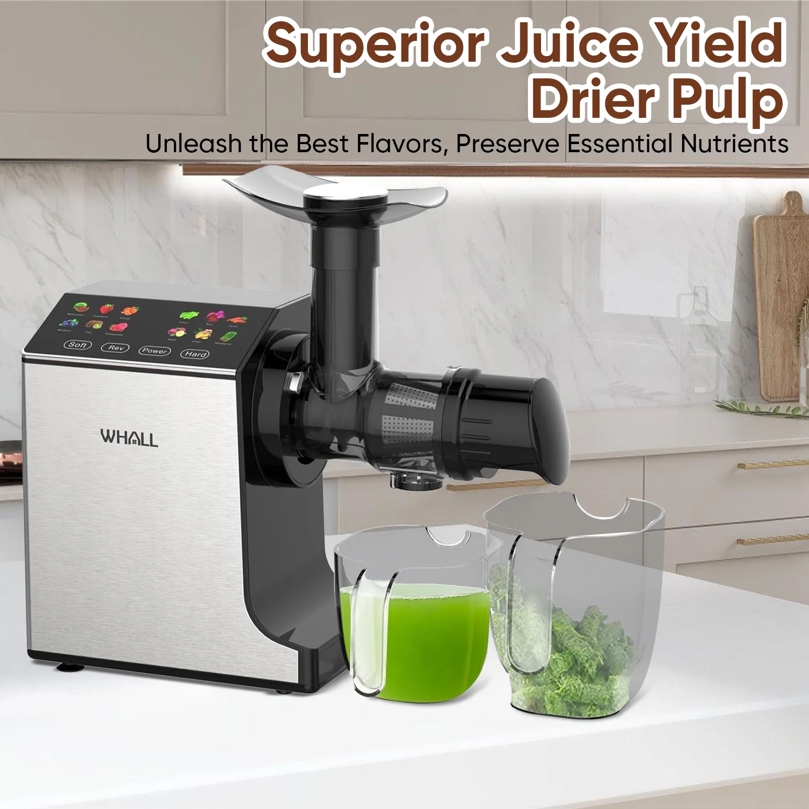 WHALL Cold Press Juicer Machine, Wide Feed Chute, High Juice Yield, Stainless Steel Masticating Juicer