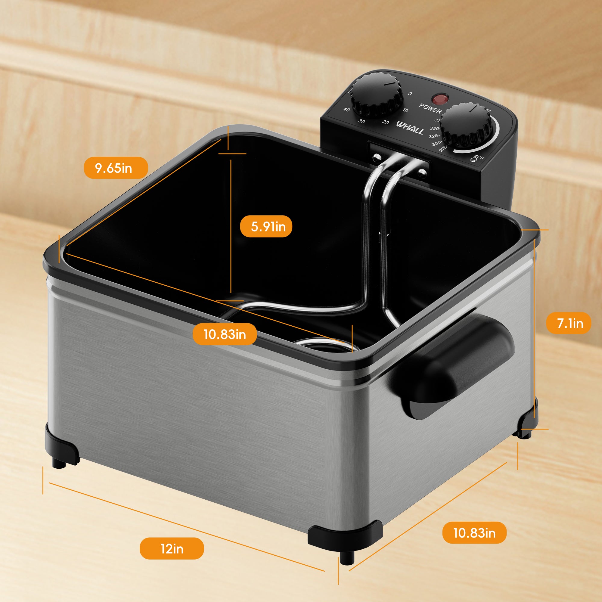 WHALL Deep Fryer with 3 Baskets, 5 L/21 Cups Oil Capacity, Temperature Control,Viewing window, Stainless Steel, 1700 W