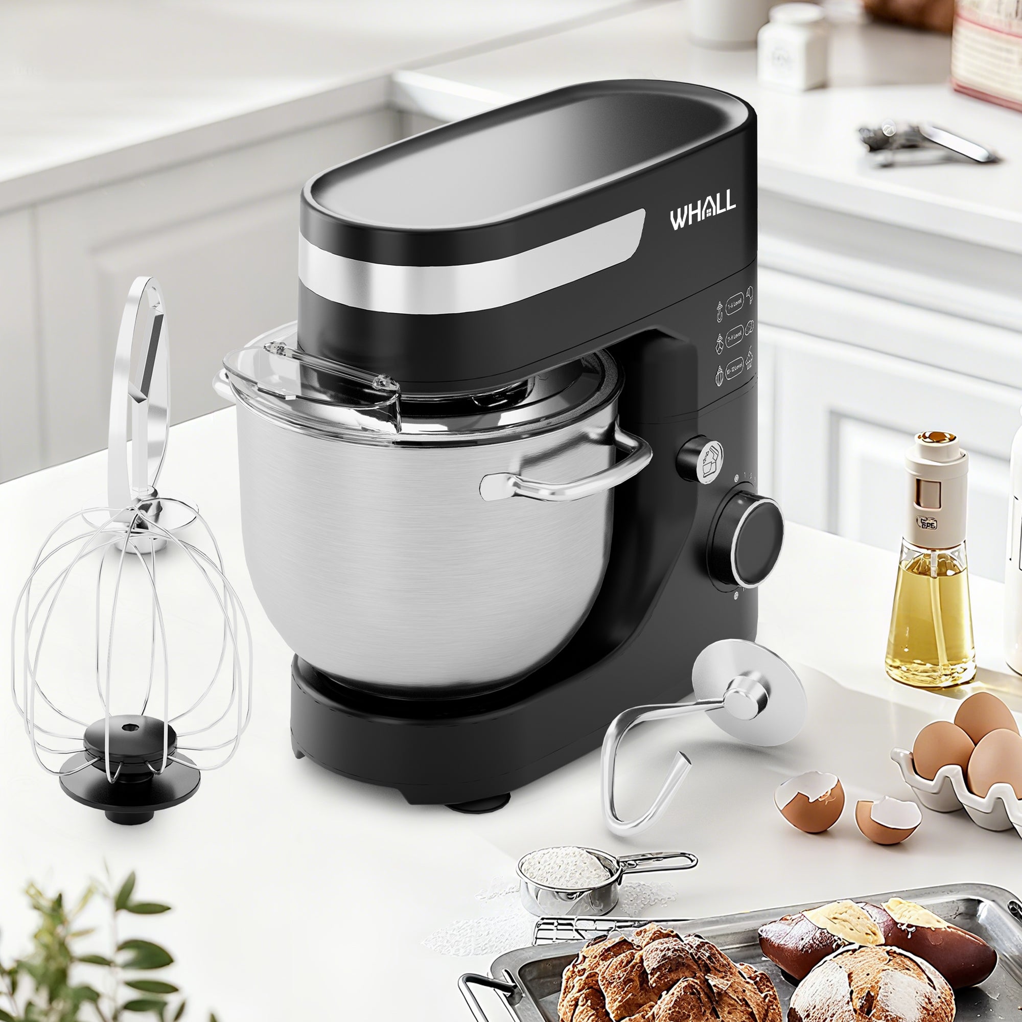 WHALL 5.5 Qt Tilt-Head Stand Mixer, Black with Dough Hook, Wire Whip, Beater