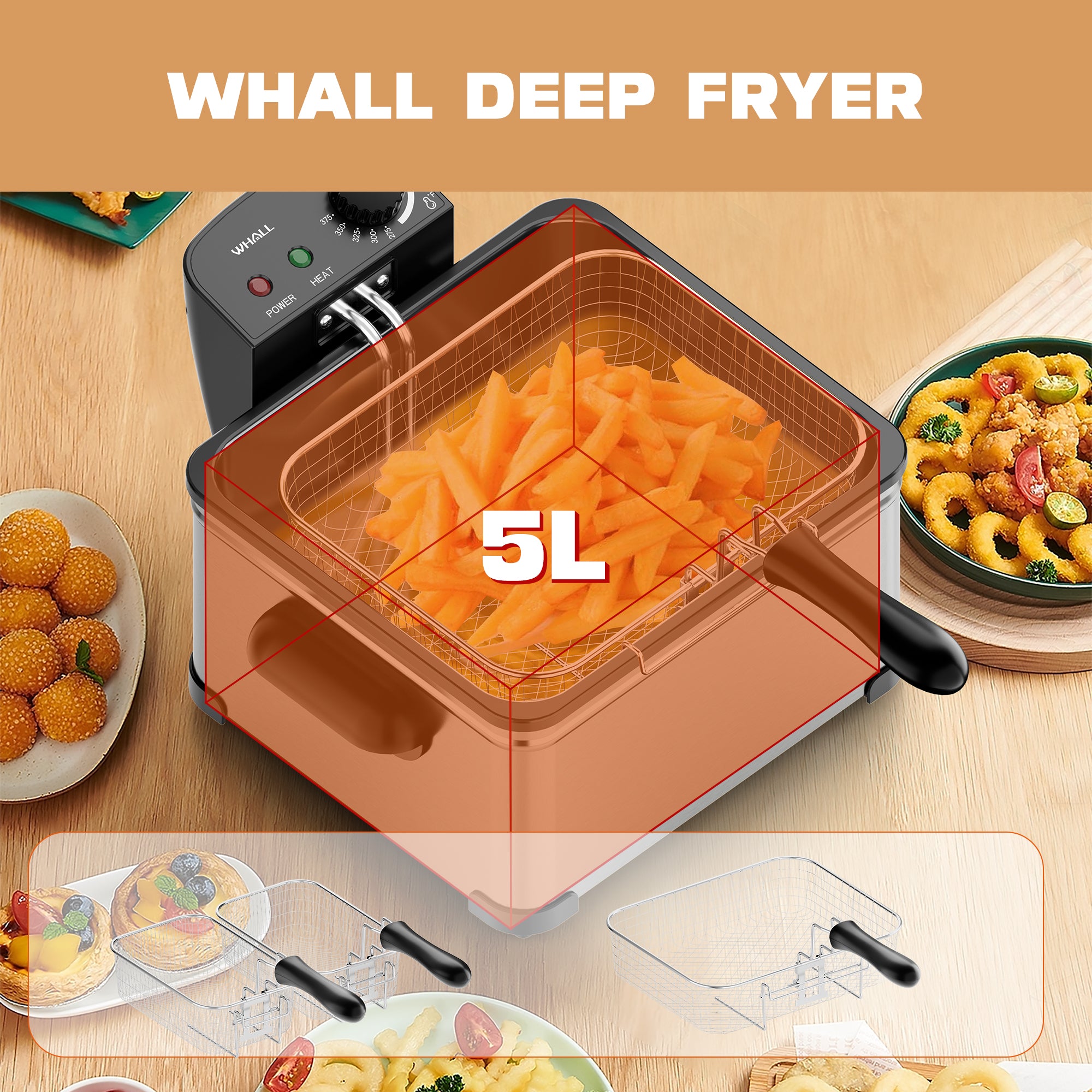 WHALL Deep Fryer with 3 Baskets, 5 L/21 Cups Oil Capacity, Temperature Control, Stainless Steel, 1700 W
