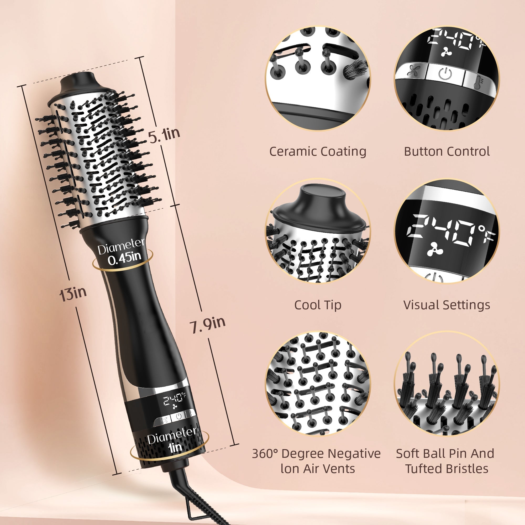Nicebay Hair Dryer Brush,Blow Dryer Brush in One, Hot Air Dryer,Display Screen,Ceramic Barrel, Hot Air Straightener Brush for Smooth