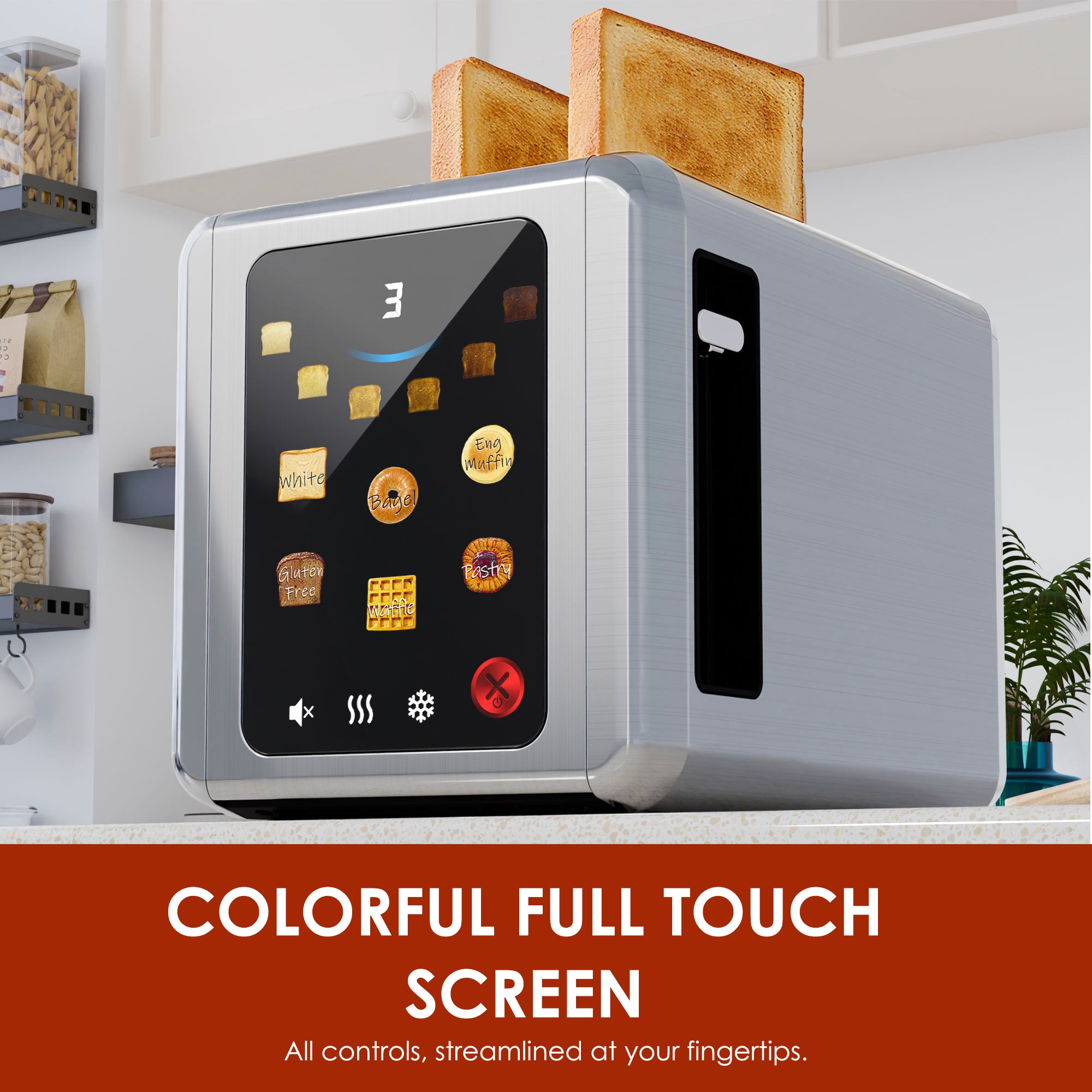 WHALL 2-Slice Full Touch Toaster: 1.5'' Wide Stainless Steel Slot, Digital Timer, 6 Bread Types & 6 Shade Settings