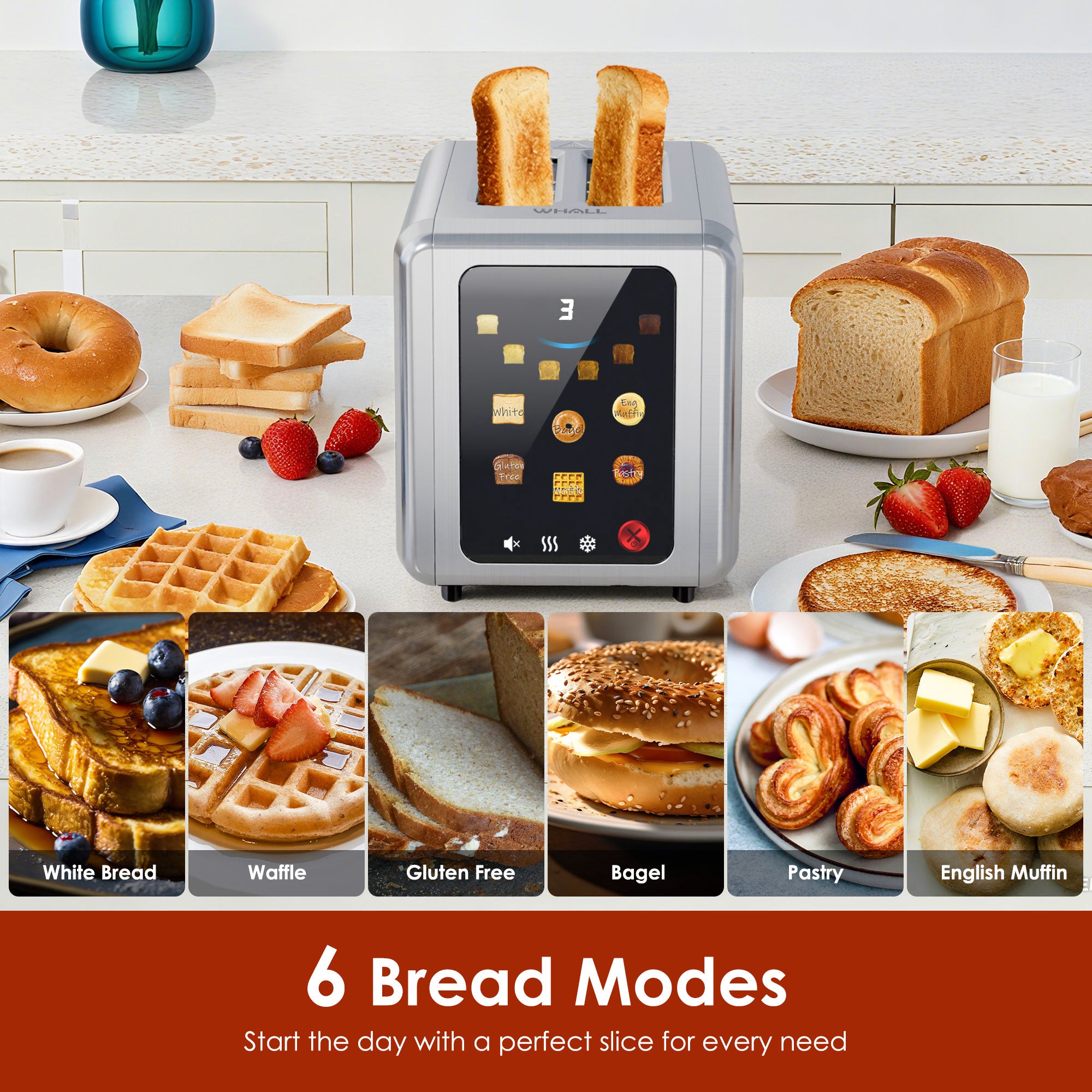 WHALL 2-Slice Full Touch Toaster: 1.5'' Wide Stainless Steel Slot, Digital Timer, 6 Bread Types & 6 Shade Settings