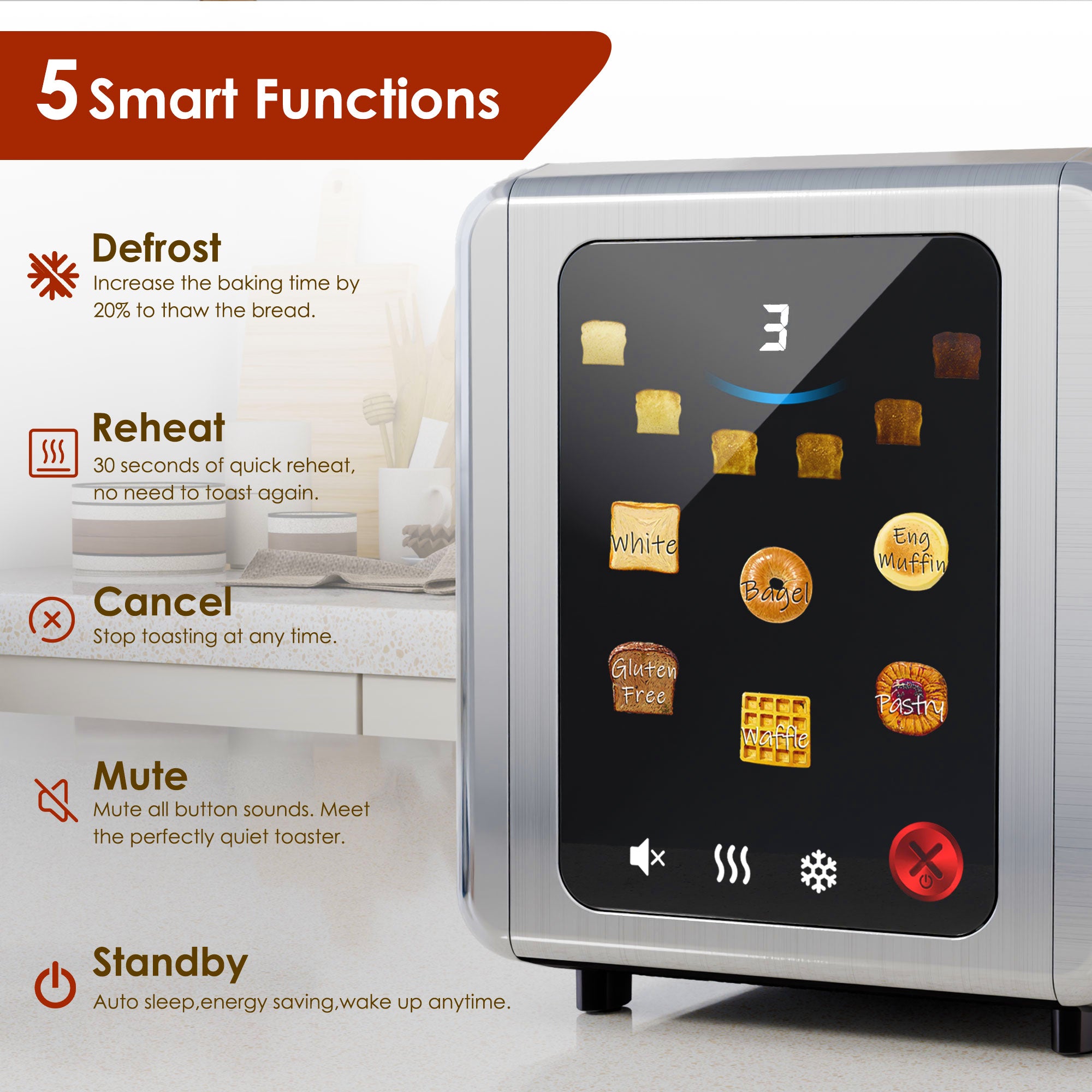 WHALL 2-Slice Full Touch Toaster: 1.5'' Wide Stainless Steel Slot, Digital Timer, 6 Bread Types & 6 Shade Settings