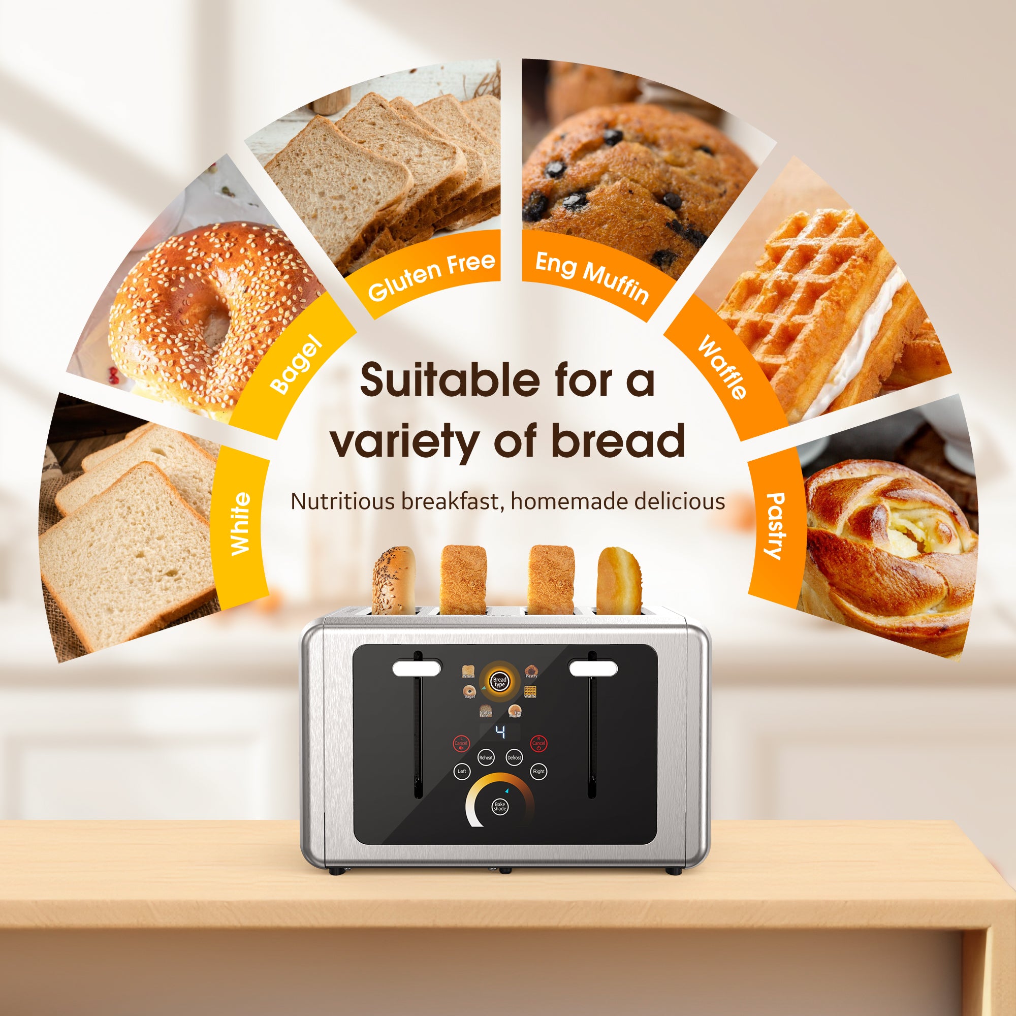 WHALLSE 4 Slice - Stainless Steel Touchscreen Toaster, 6 Shade Settings, Extra Wide Slots Toaster, 1500W