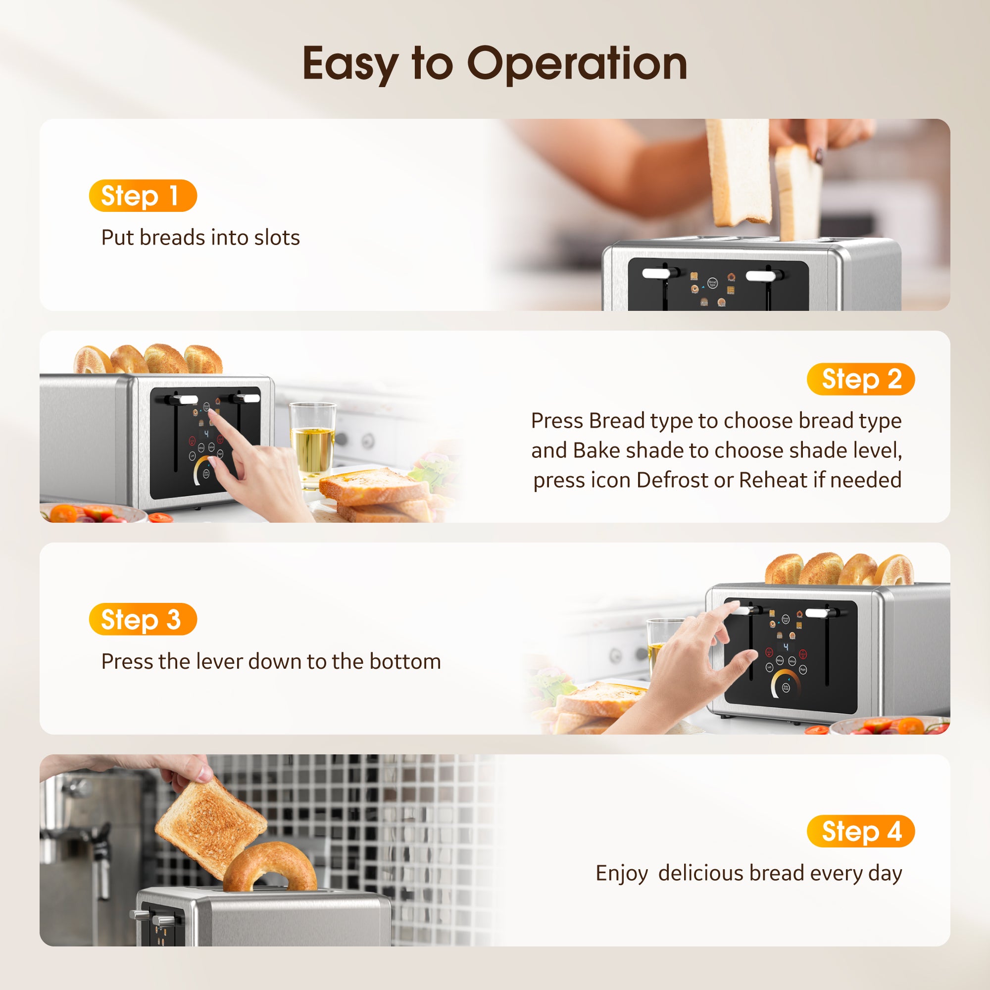WHALLSE 4 Slice - Stainless Steel Touchscreen Toaster, 6 Shade Settings, Extra Wide Slots Toaster, 1500W