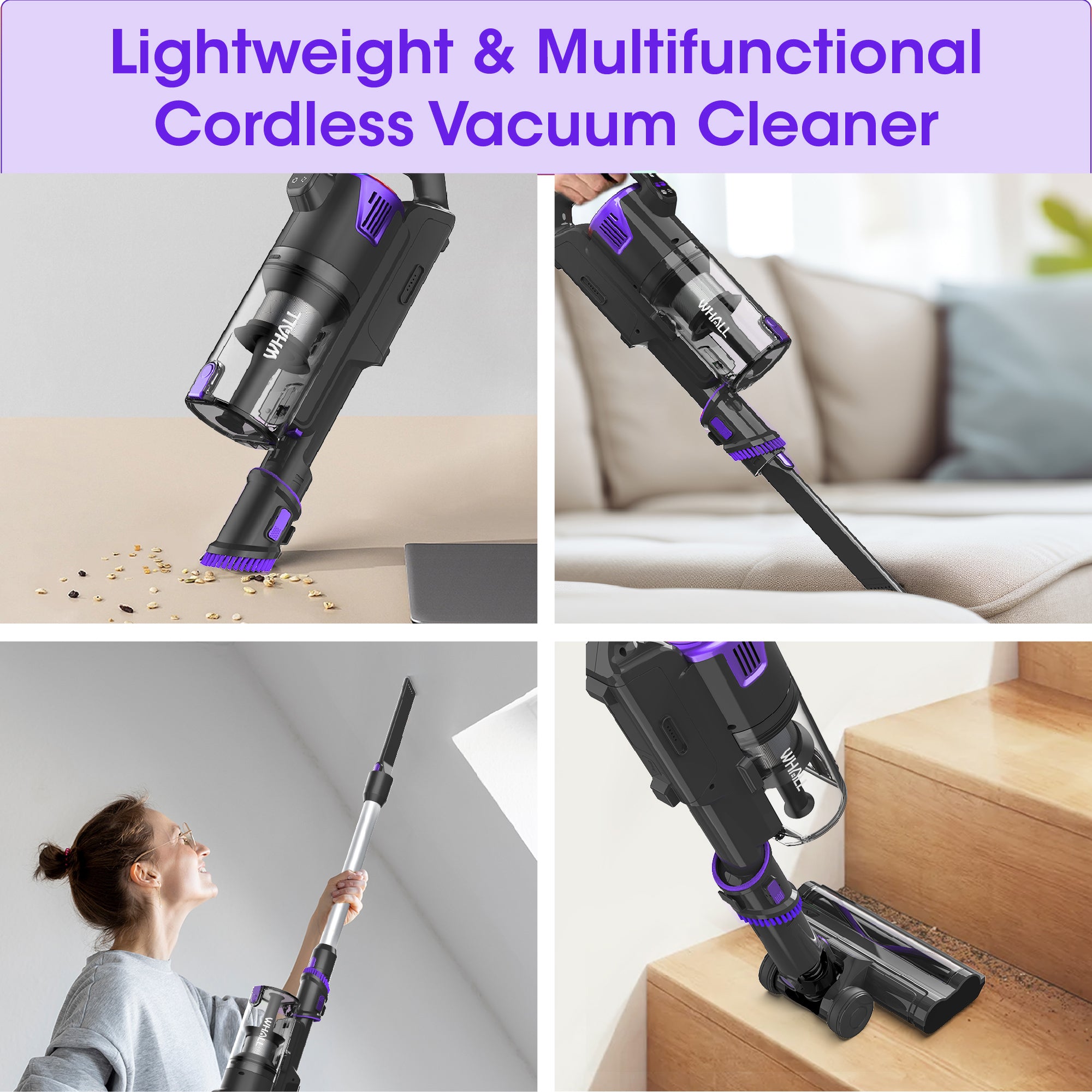 WHALL Cordless Stick Vacuum, 45min Runtime for Home & Carpet
