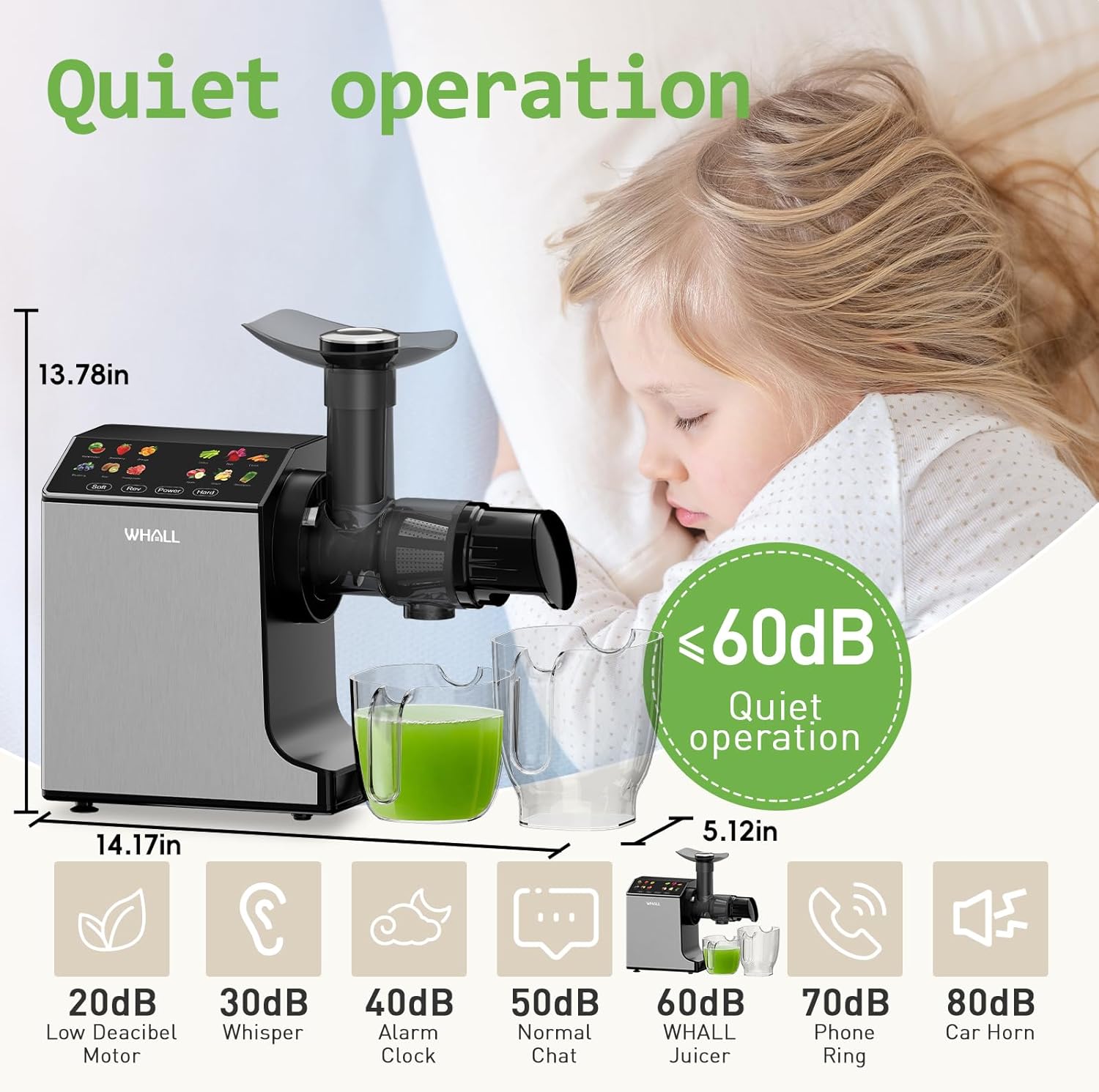 WHALL Touchscreen Cold Press Slow Juicer Machine with Quiet Motor & Reverse Function