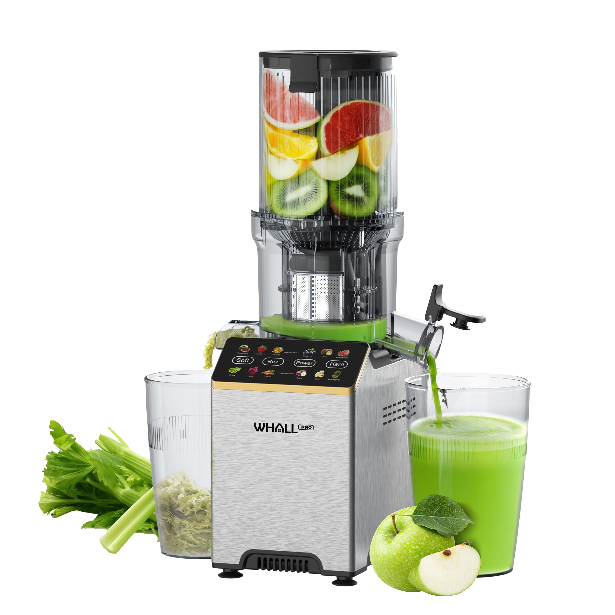 WHALL Cold Press Juicer Machine with Touchscreen, Slow Masticating Juicer with 4.5" Extra Large Feed Chute, Reverse Function, Easy to Clean